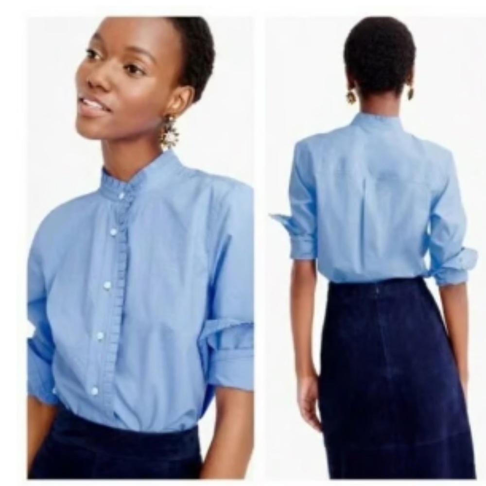 J. Crew Blue Pleated Trim Oxford Button Up Long Sleeve Shirt Top Size 2 NWOT